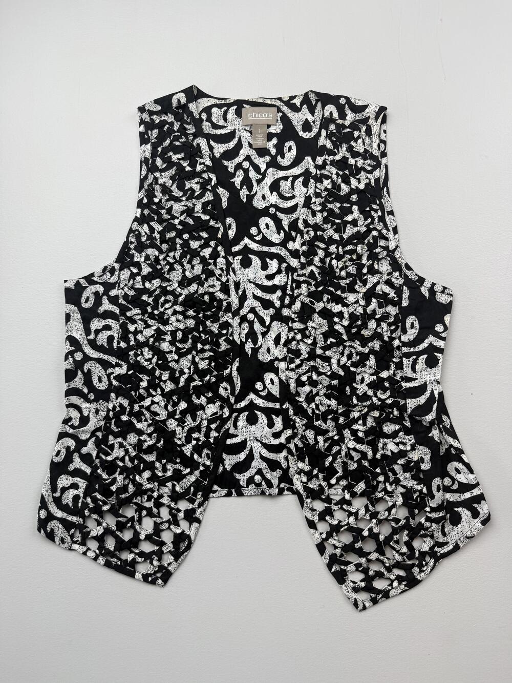 Chico's Vest Womens 1 Black White Woven Cutout Open Front Lightweight Boho